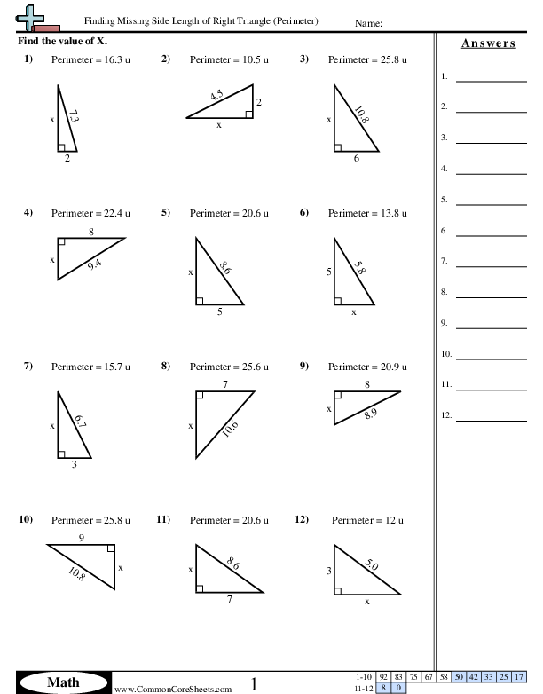 Area & Perimeter Worksheets - Finding Missing Side Length of Right Triangle (Perimeter) worksheet